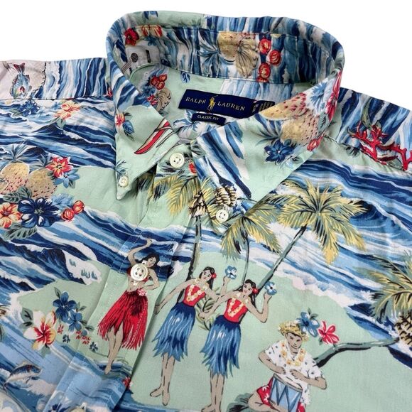 Polo Ralph Lauren Hawaiian Shirt 1XB Hula Girl Palm Tree Ukulele Beach Viscose - Picture 1 of 11